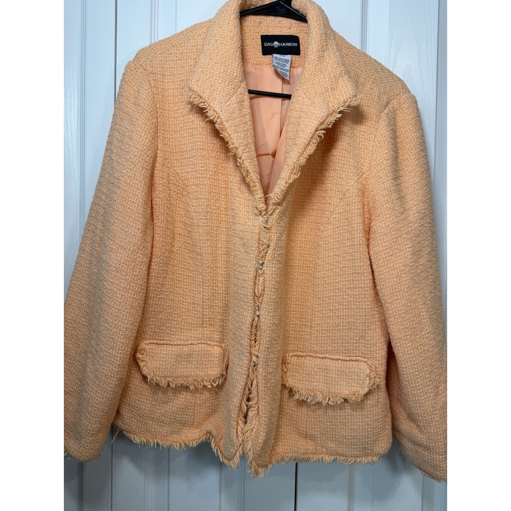 Y2K Sag Harbor Peach Tweed Fringe Blazer Jacket Women's Size 18 Lined
